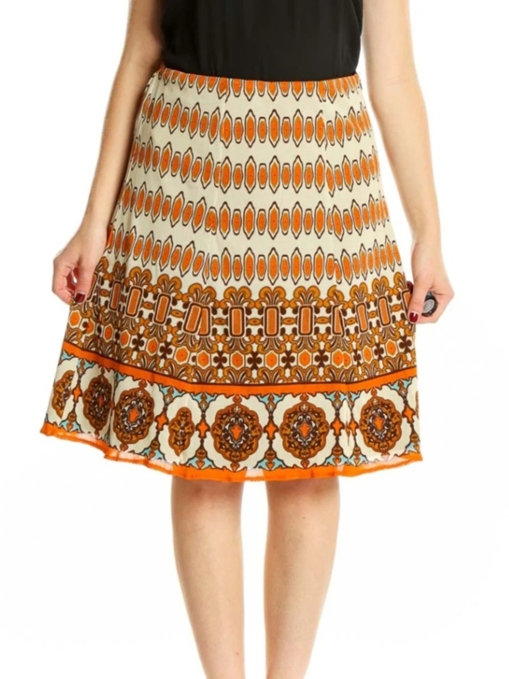 Nicole Miller Cream and Orange Printed A-Line Skirt with Brown Accents